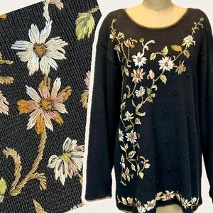 VINTAGE woodland‎ earthy embroider wildflower floral knit sweater long tunic 90s